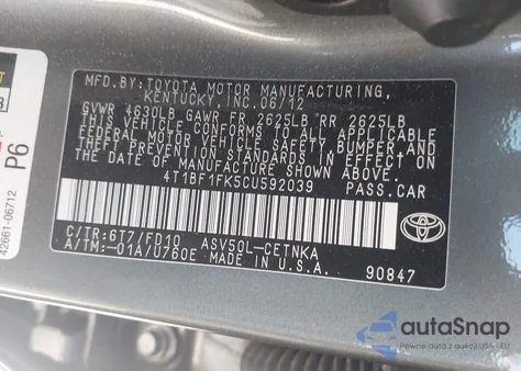 2012 Toyota Camry Le z USA, uszkodzony, nr VIN 4T1BF1FK5CU592039